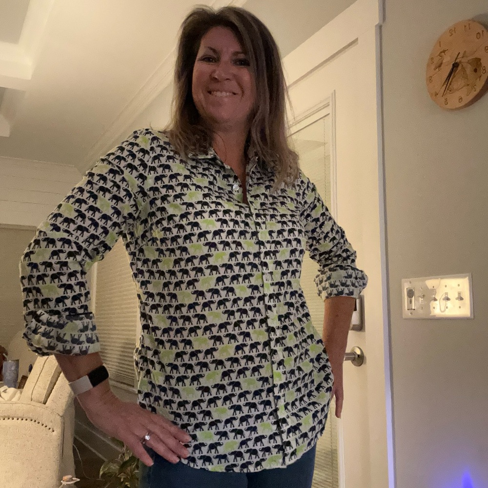 Crown & Ivy Elephant Print Button Down Shirt - Navy and Green